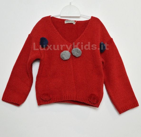 Cardigan in Misto Lana Rosso con Pon-Pon Neonata A&J 338 - A&J - LuxuryKids
