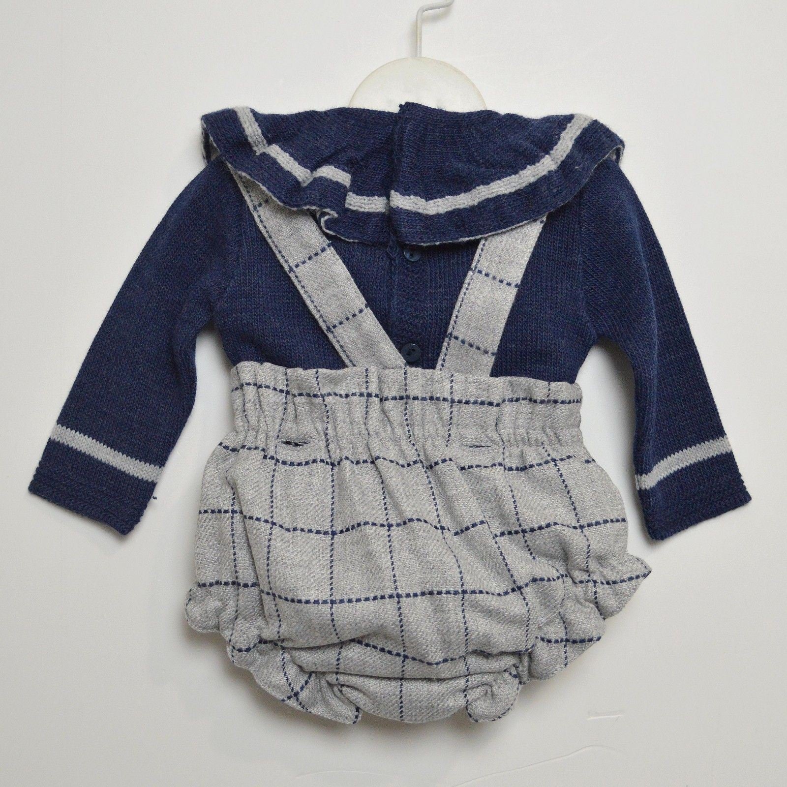 Completo Culotte con Fantasia a Quadri con Bretelle e Maglioncino Blu-Grigio Per Neonata Paloma de la O NI8BR1 - PALOMA DE LA O - LuxuryKids