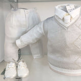 Completo Elegante In Lino Beige Neonato Creazioni Luana 605 - CREAZIONI LUANA - LuxuryKids