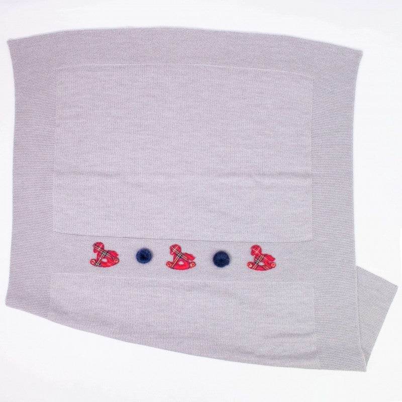 Copertina In Lana 100% Grigia Con Cavallucci A Dondolo Neonato NINNAOH I20COP223 - NINNAOH - LuxuryKids