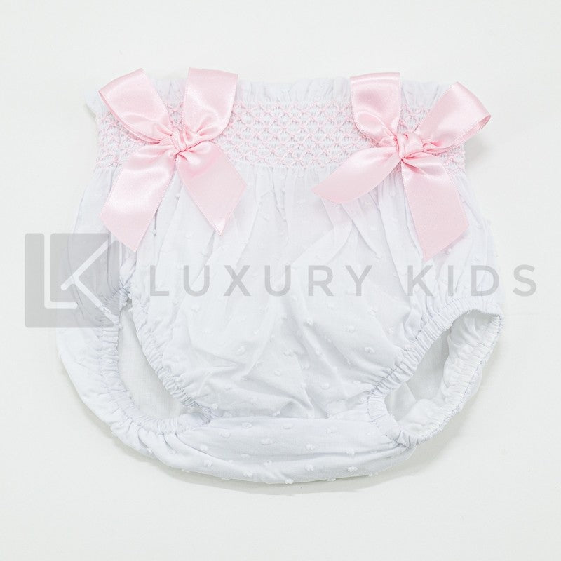 Culotte In Plumetil Con Punto Smoke E Fiocchi Rosa Neonata SARDON LA424 - SARDON - LuxuryKids