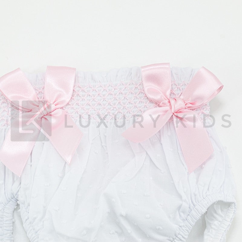 Culotte In Plumetil Con Punto Smoke E Fiocchi Rosa Neonata SARDON LA424 - SARDON - LuxuryKids