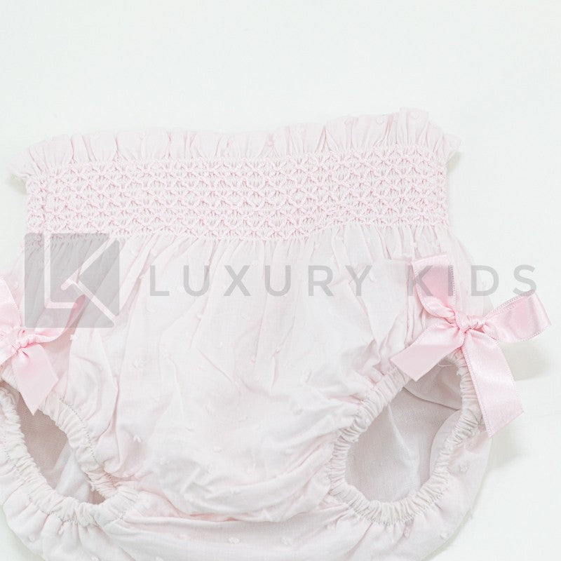 Culotte In Plumetil Con Punto Smoke E Fiocchi Rosa Neonata SARDON LA449 - SARDON - LuxuryKids