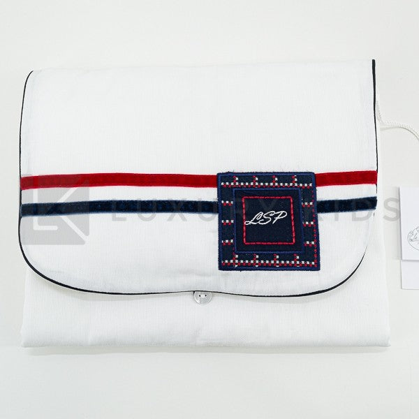 Fasciatoio Pieghevole In Cotone Bianco Con Fasce Blu E Rossa E Cuscinetto Interno Neonata LA SARTORIA DEI PICCOLI LFS659 - LA SARTORIA DEI PICCOLI - LuxuryKids