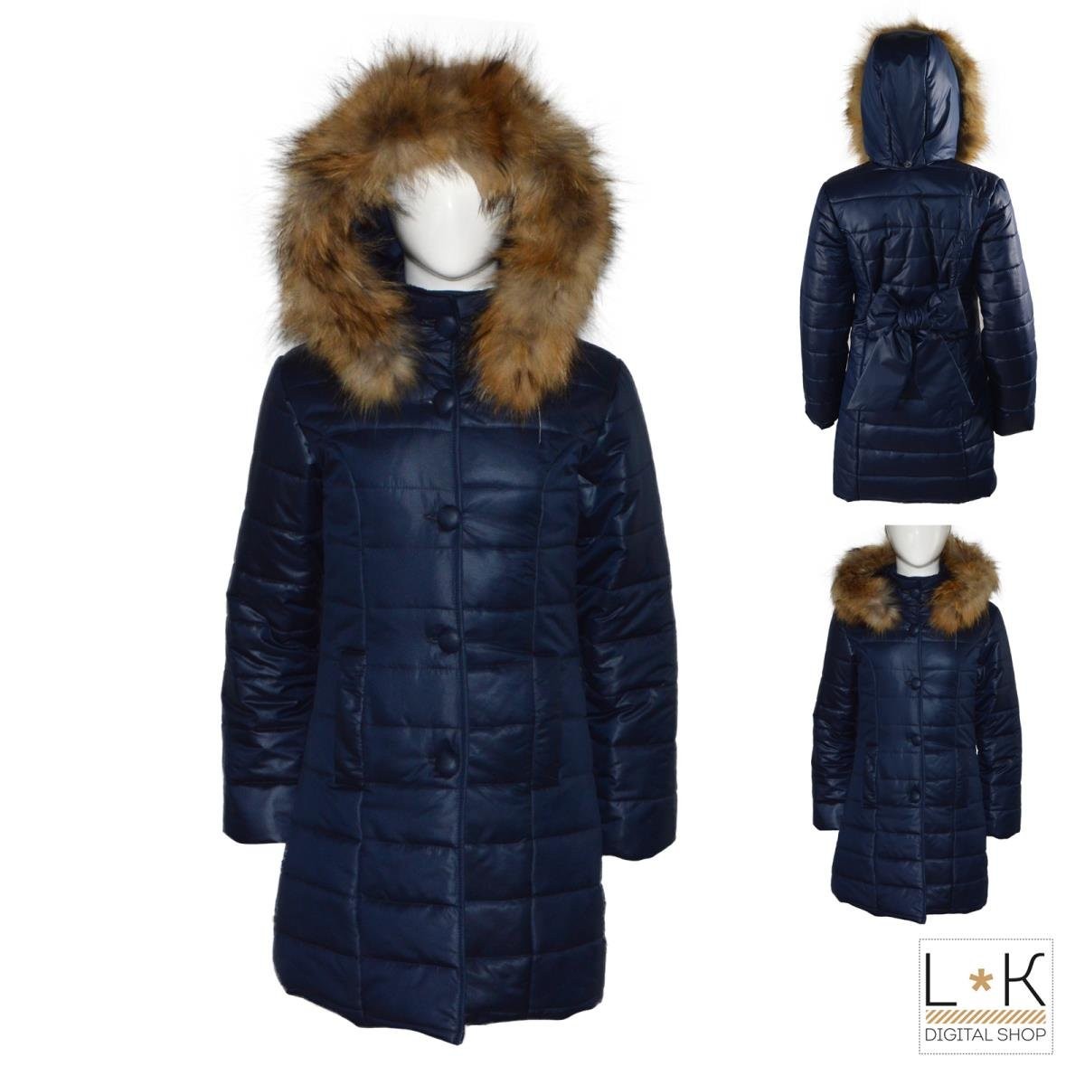 Giubbotto Lungo Imbottito Con Cappuccio Con Pelliccia Blu Bambina Bufi 9810A - BUFI - LuxuryKids