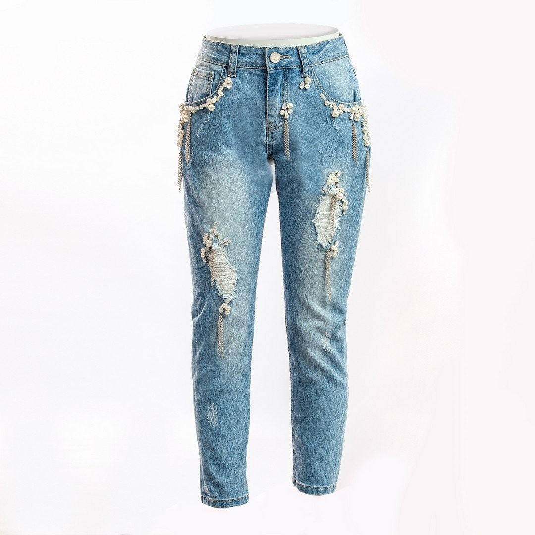 Jeans Strappato Con Perle Bambina Fun&Fun FNJPT1225 - FUN&FUN - LuxuryKids