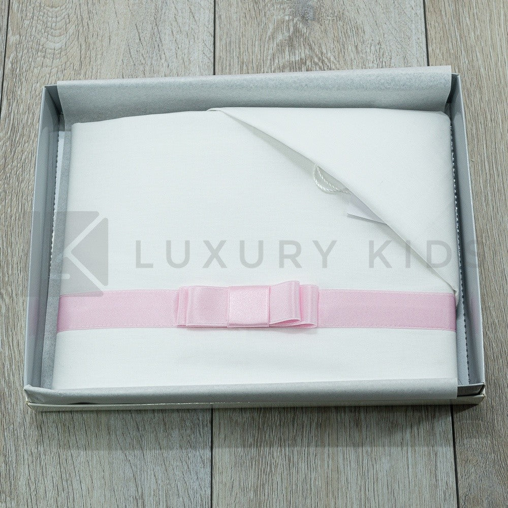 Lenzuolo Per Carrozzina In Cotone Bianco Con Bordo In Raso RosaNeonata La Sartoria Dei Piccoli LL756 - LA SARTORIA DEI PICCOLI - LuxuryKids