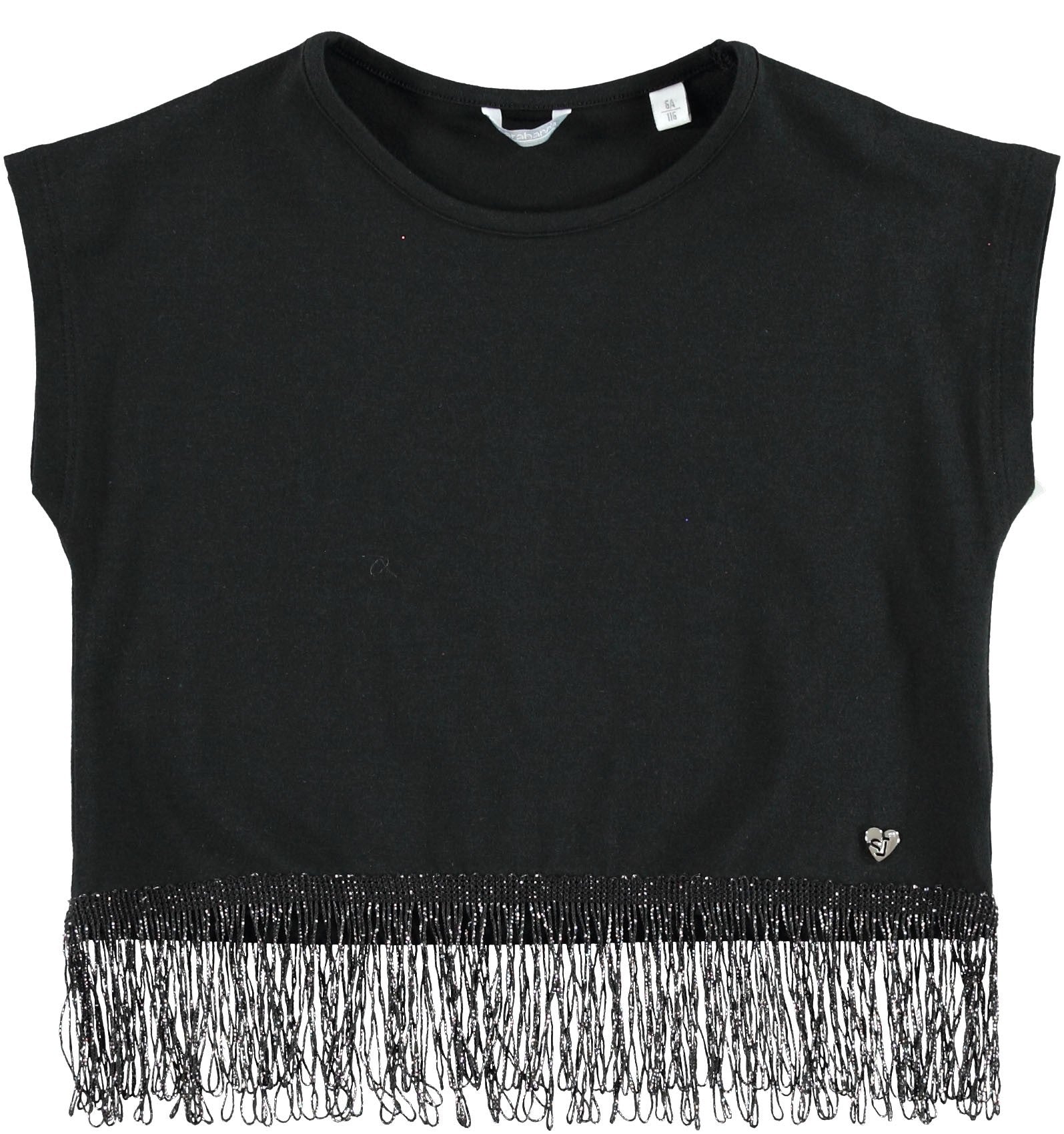Maglia in Cotone Mezza Manica con Frange in basso Nera Bambina SARABANDA W422 - SARABANDA - LuxuryKids