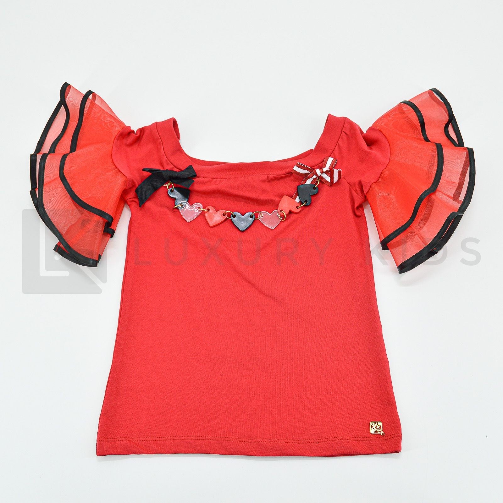 Maglia In Cotone Rossa Con Manica Particolare In Organza Bambina NBTS 3132 - NBTS - LuxuryKids