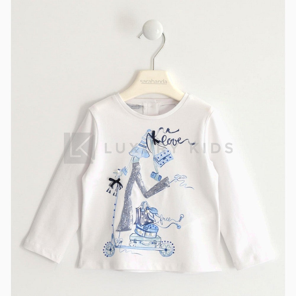 Maglia Manica Lunga In Cotone Elasticizzato Bianca Con Stampa Azzurra Bambina SARABANDA J209 - SARABANDA - LuxuryKids