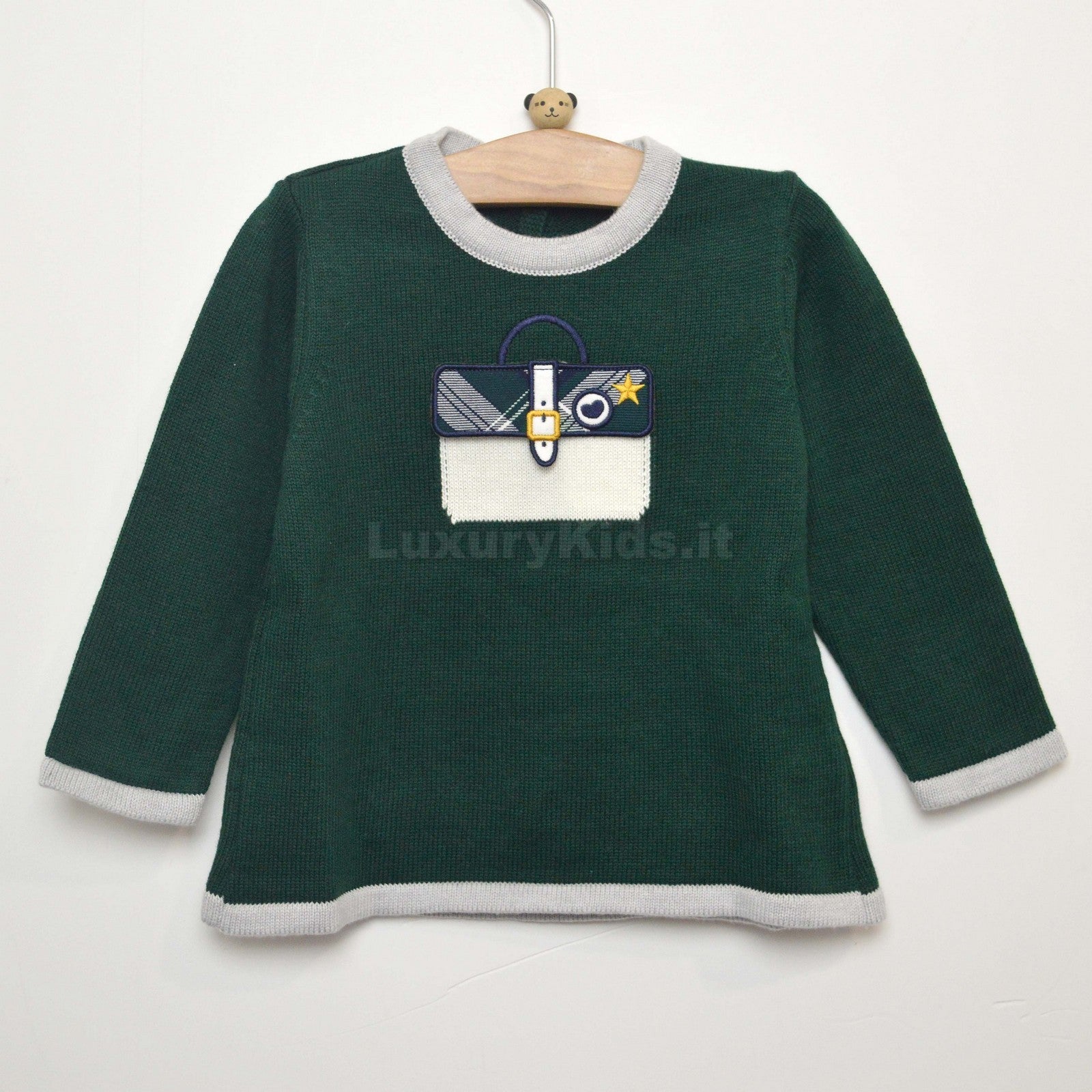 Maglioncino in Misto Lana Verde con Fantasia Ricamo Borsa Per Neonata Dr.Kids 300 - DR.KID - LuxuryKids
