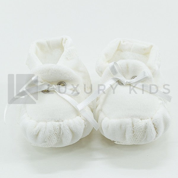 Scarpette Da Culla In Ciniglia Panna Con Pizzo e Cucitura Oro Neonata LA SARTORIA DEI PICCOLI LSC351 - LA SARTORIA DEI PICCOLI - LuxuryKids