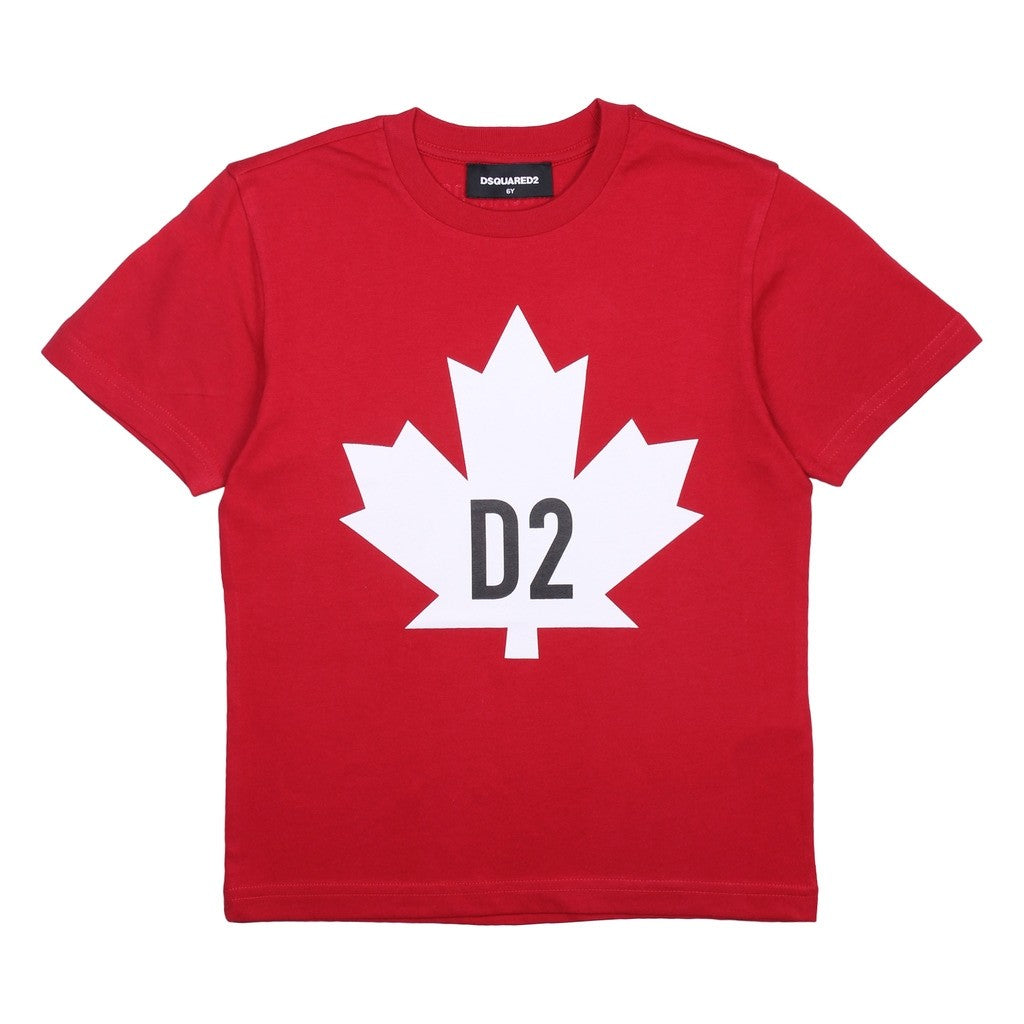 T-Shirt In Cotone Mezza Manica Rossa Con Stampa Foglia Bianca Bambino-a DSQUARED2 1263R - DSQUARED2 - LuxuryKids