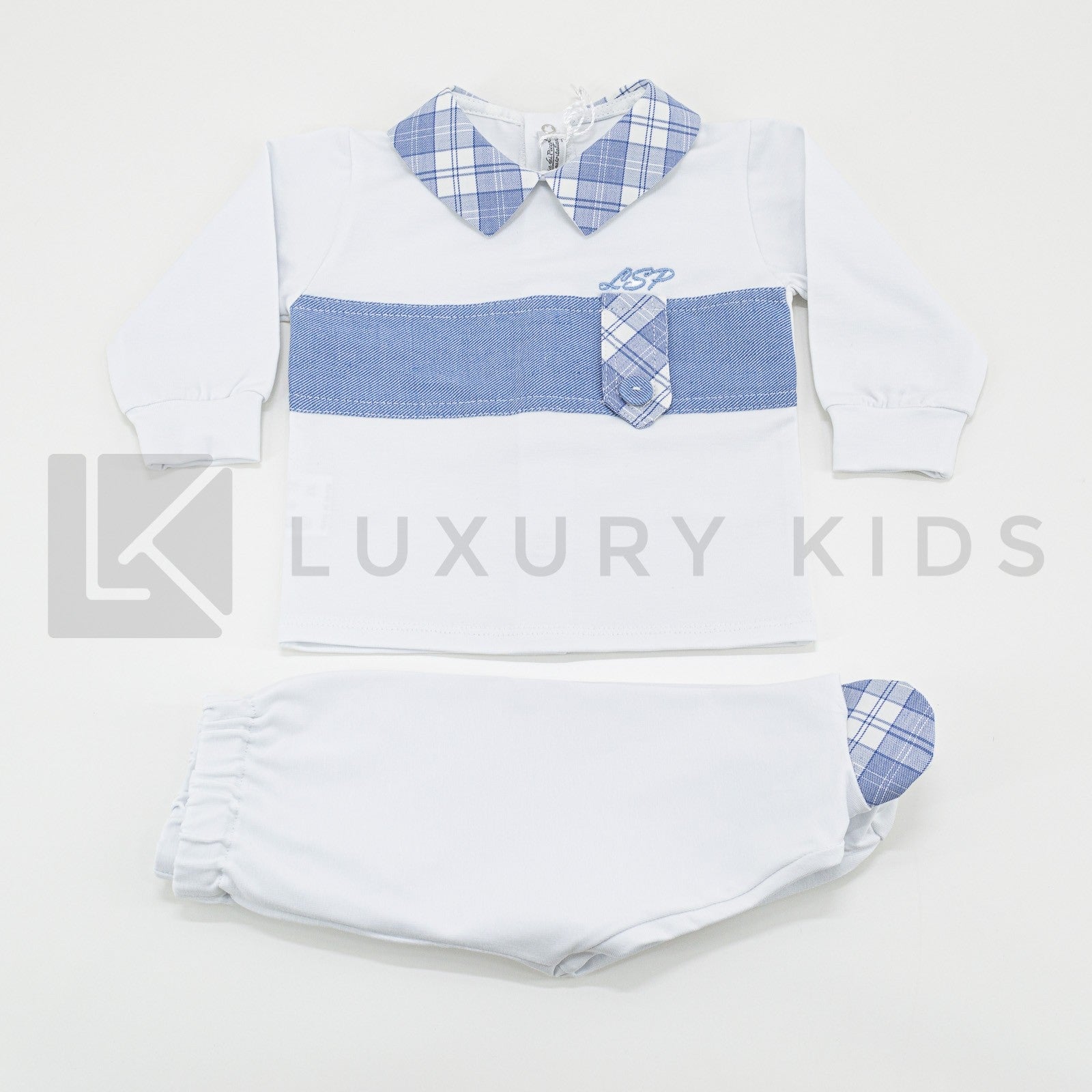 Tutina Spezzata In Cotone Bianca E Azzurra Con Fascia In Denim Neonato LA SARTORIA DEI PICCOLI LS755 - LA SARTORIA DEI PICCOLI - LuxuryKids