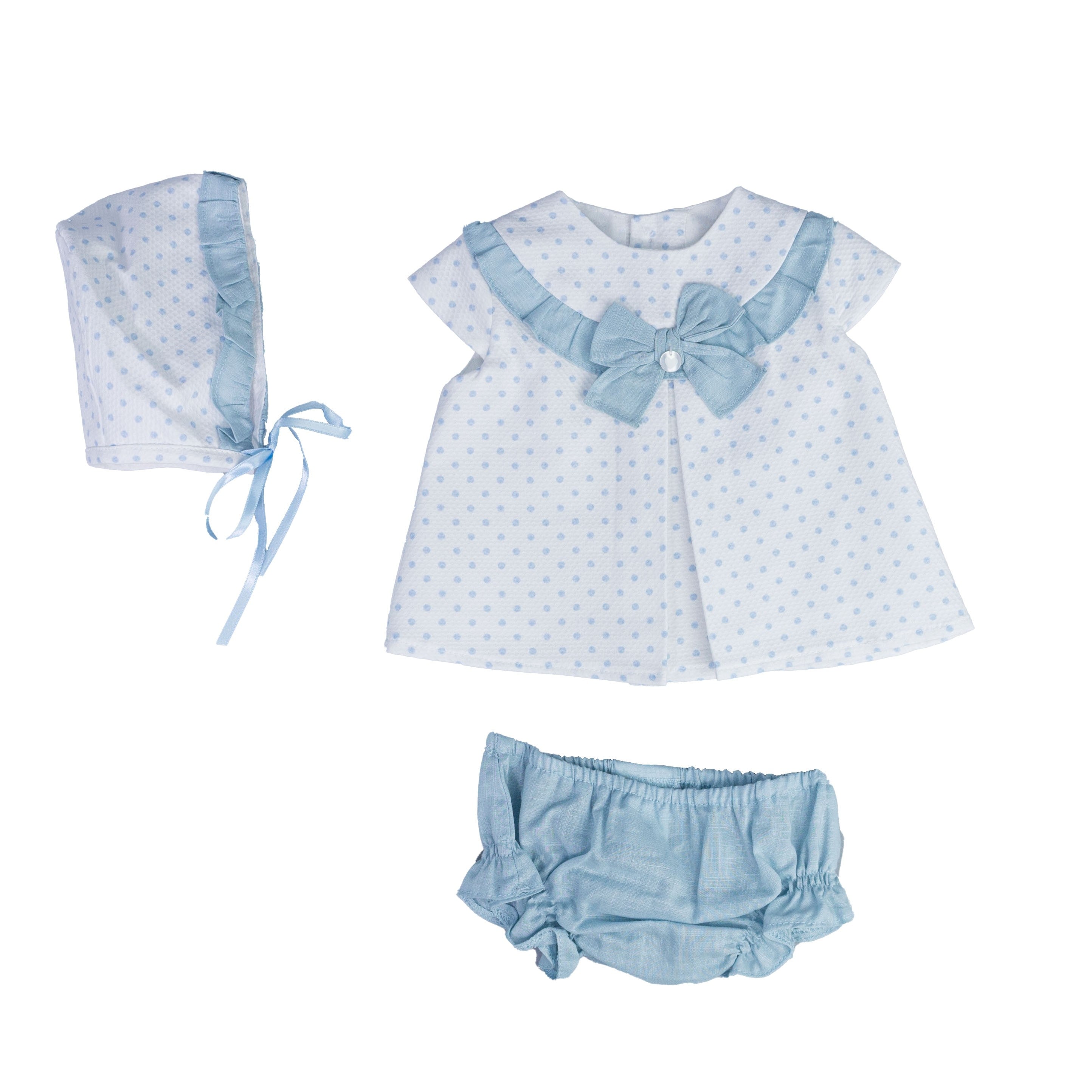 Vestito in Cotone a Pois Con Culotte e Cuffia Bianco-Celeste Neonata DEL SUR 0177 - DEL SUR - LuxuryKids