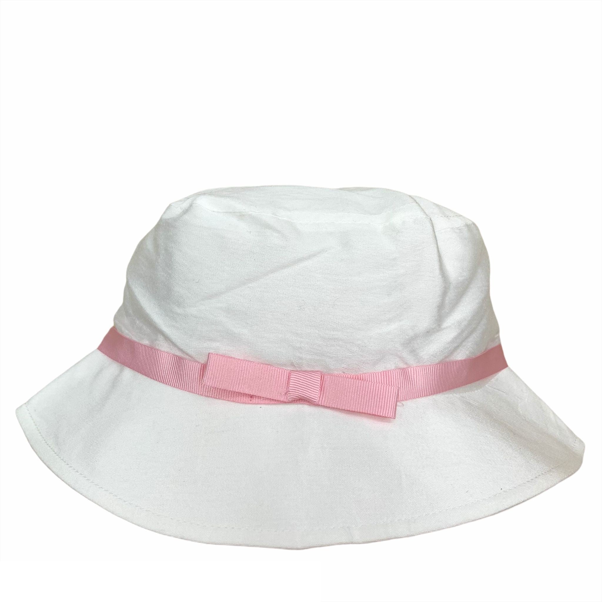 Cappello Modello Pescatore In Rasatello Di Cotone Bianco Con Fascia Rosa Neonata NNINNAOH E1514FIOC - NINNAOH - LuxuryKids