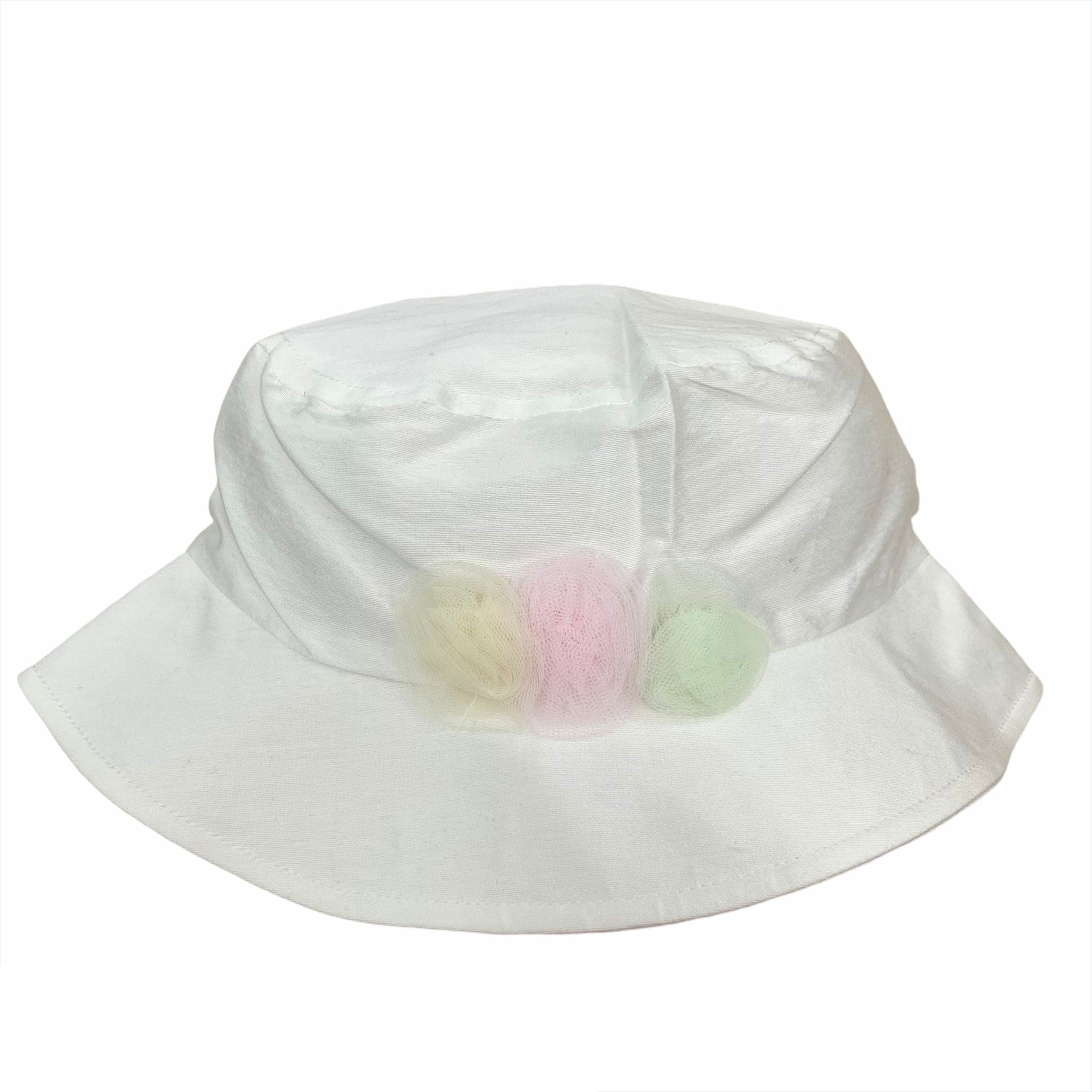Cappello Modello Pescatore In Rasatello Di Cotone Bianco Con Fiori Multicolour Neonata NNINNAOH E1514 - NINNAOH - LuxuryKids