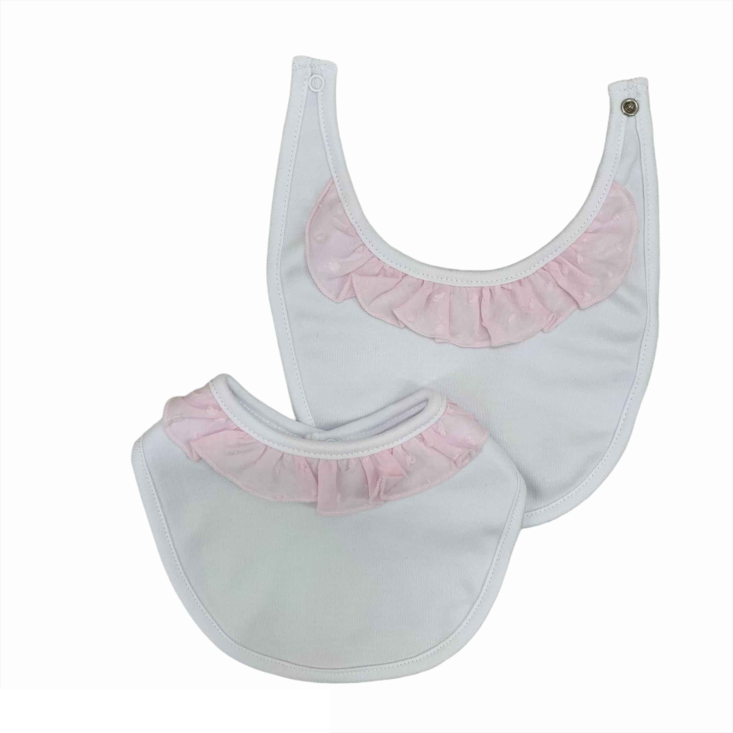 Set Di 2 Bavette In Cotone Bianco Con Rouches In Plumetis Neonati CALAMARO 74022 - CALAMARO - LuxuryKids