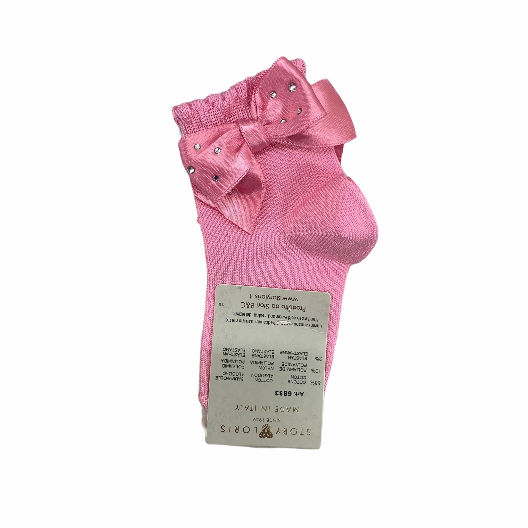 Calzini Corti In Filo Di Scozia Con Fiocchetto In Raso E Strass Neonata STORY LORIS 6883 - STORY LORIS - LuxuryKids