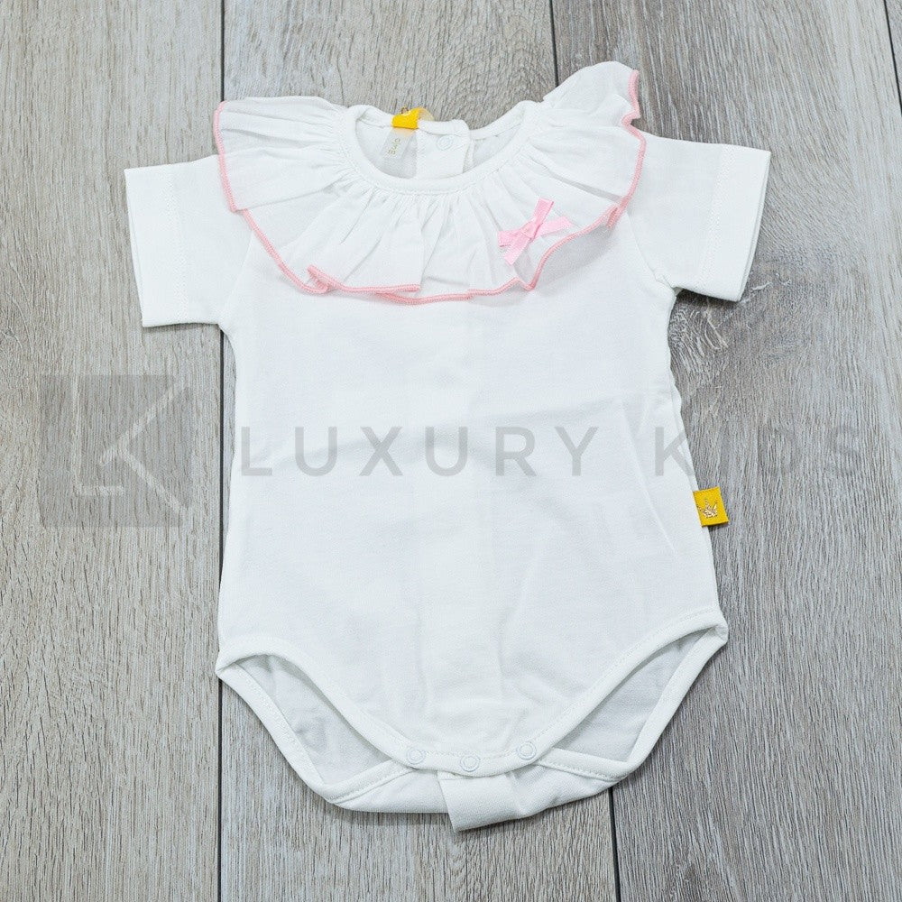 Body In Cotone Bianco Con Colletto Rouche con Profilo Rosa Neonata Chua B5CG - CHUA - LuxuryKids
