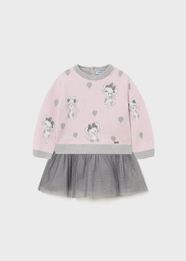 Abito In Tricot E Tulle Rosa Grigio Neonata MAYORAL 2923 - MAYORAL - LuxuryKids