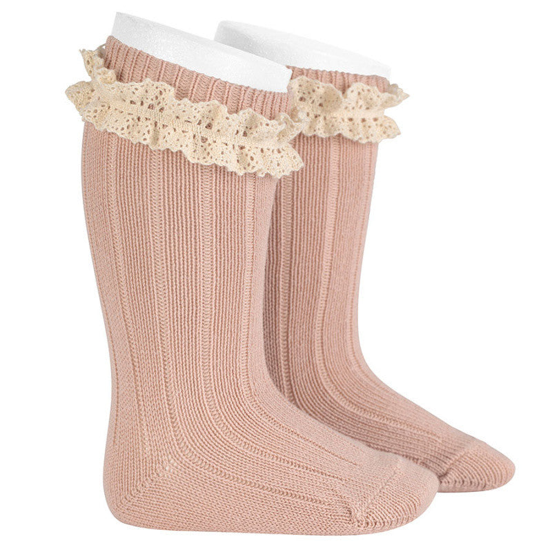 Calze Lunga A Coste con Merletto Vintage Caldo Cotone Bambina Condor 2438 - Condor - LuxuryKids