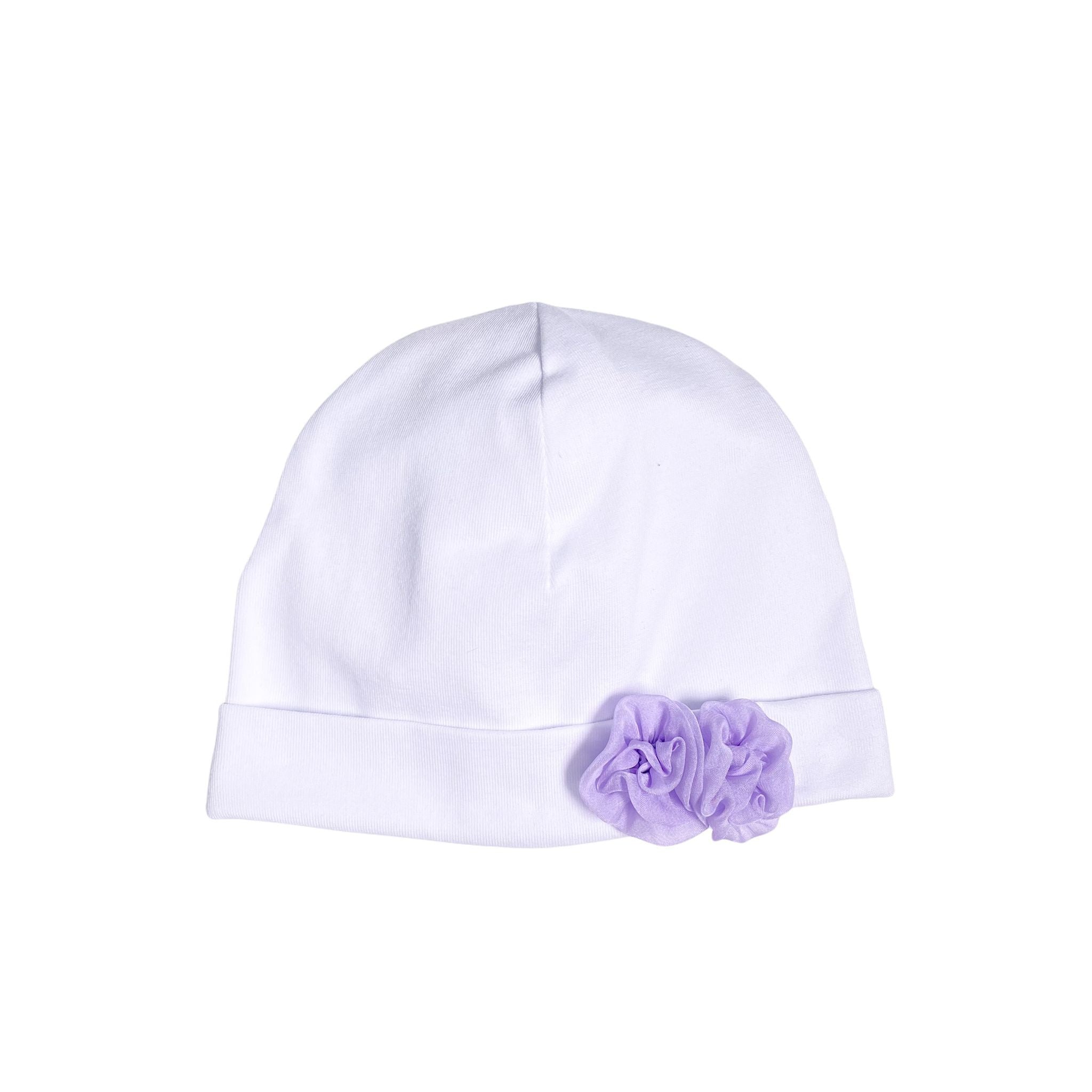 Cappello In Cotone Bianco Con Fiore Lilla Neonata LA SARTORIA DEI PICCOLI LK104 - LA SARTORIA DEI PICCOLI - LuxuryKids