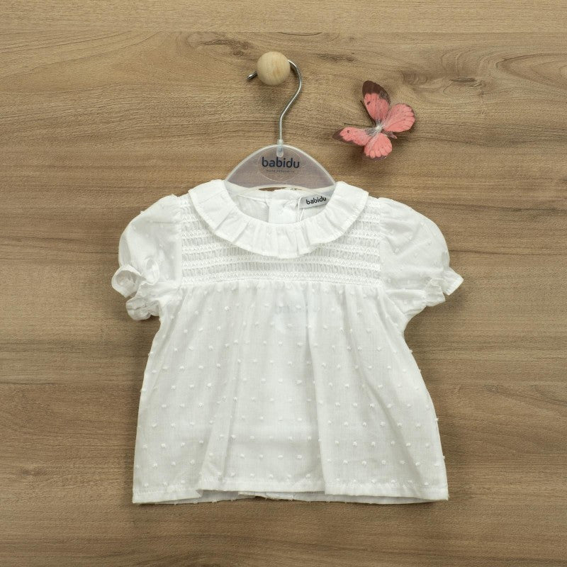 Blusa Mezza Manica In Plumetille Con Punto Smock Neonata BABIDU 80467 - BABIDU - LuxuryKids