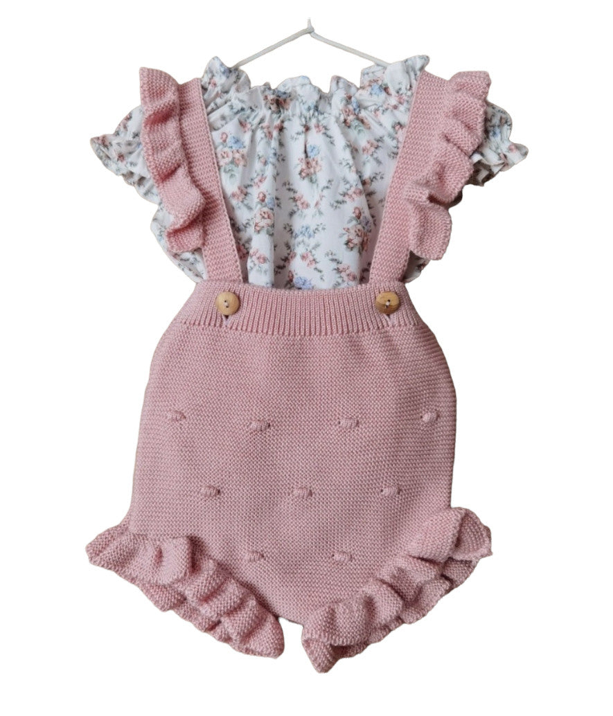 Completo Blusa Con Fantasia Floreale E Salopette Rosa In Cotone Neonata VALENTINA BEBES BSS38 - VALENTINA BEBES - LuxuryKids