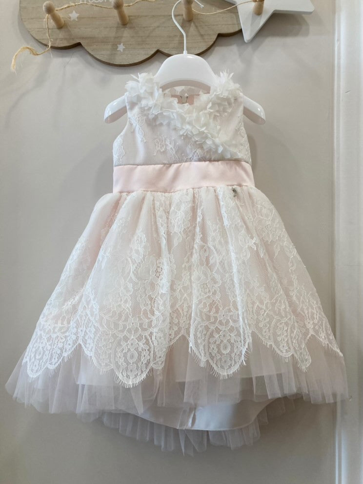 Abito Elegante Cerimonia Smanicato In Pizzo Rosa Neonata PETIT 2015350 - PETIT - LuxuryKids