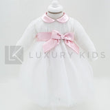 Abito Con Corpetto In Lana Bianco E Gonna In Tulle Con Fascia Rosa Neonata LA SARTORIA DEI PICCOLI L162 - LA SARTORIA DEI PICCOLI - LuxuryKids