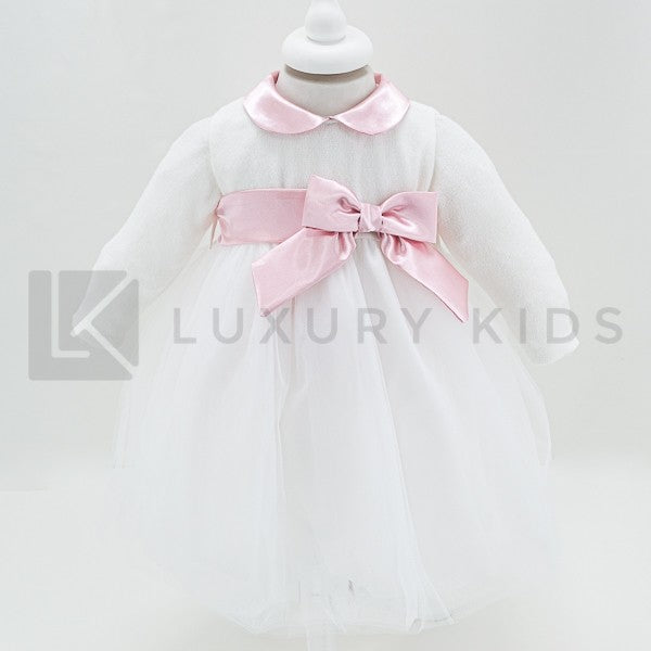 Abito Con Corpetto In Lana Bianco E Gonna In Tulle Con Fascia Rosa Neonata LA SARTORIA DEI PICCOLI L162 - LA SARTORIA DEI PICCOLI - LuxuryKids
