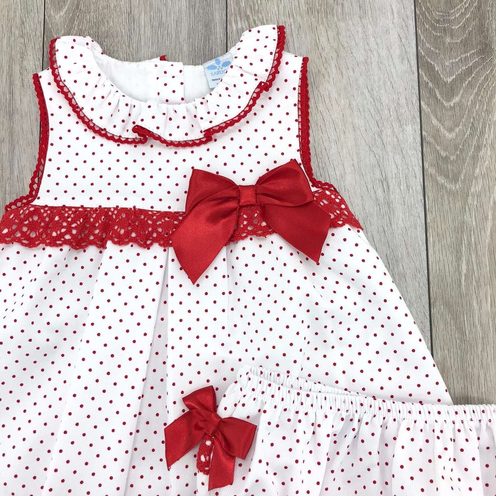 Abito Con Culotte In Piquet Bianco A Pois Rosso Neonata Sardon AB39 - SARDON - LuxuryKids