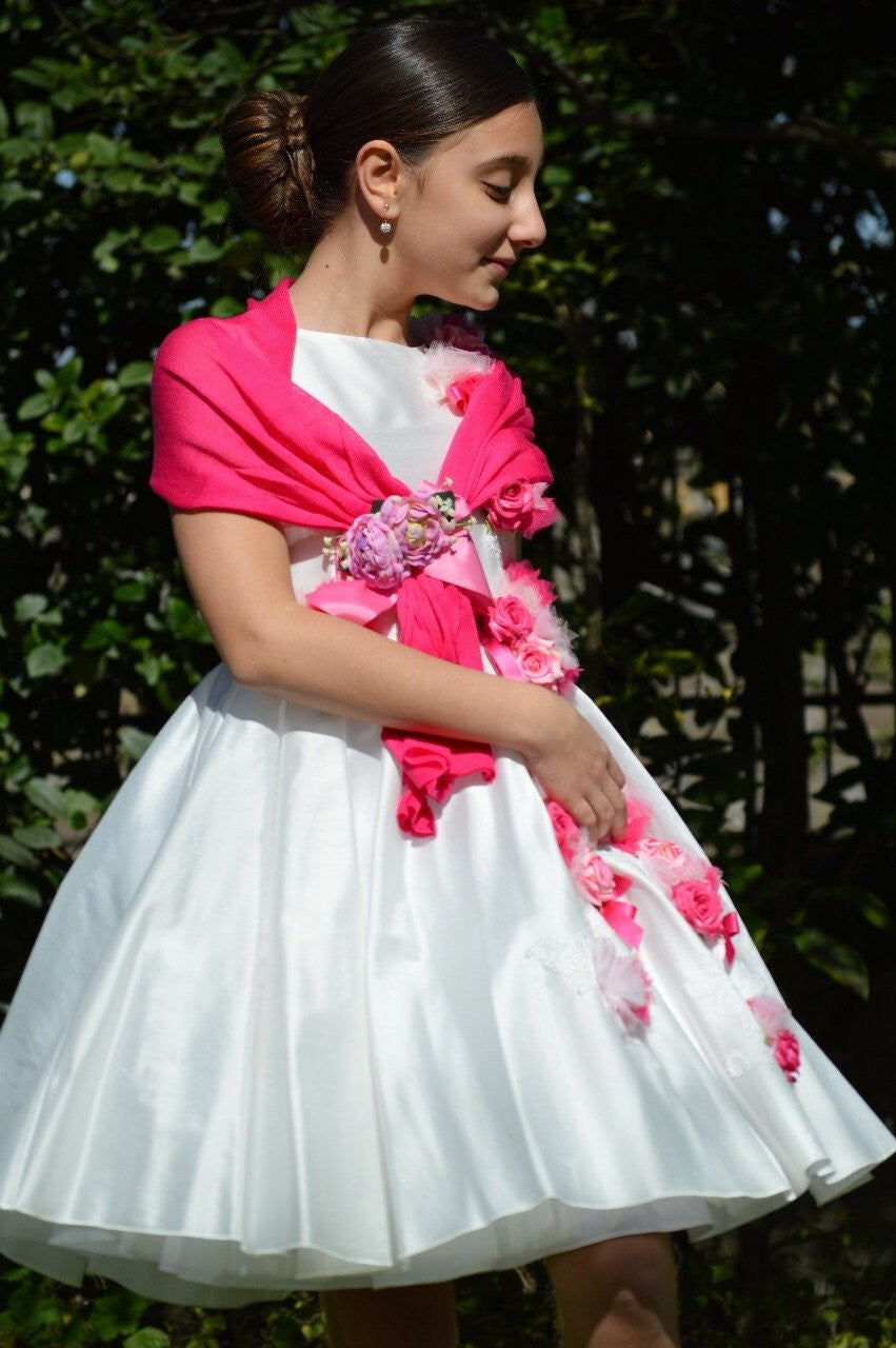 Abito Corto Bambina Cerimonia Comunione Elegante Fiori Fuxia  Lesy 028445 - LESY - LuxuryKids