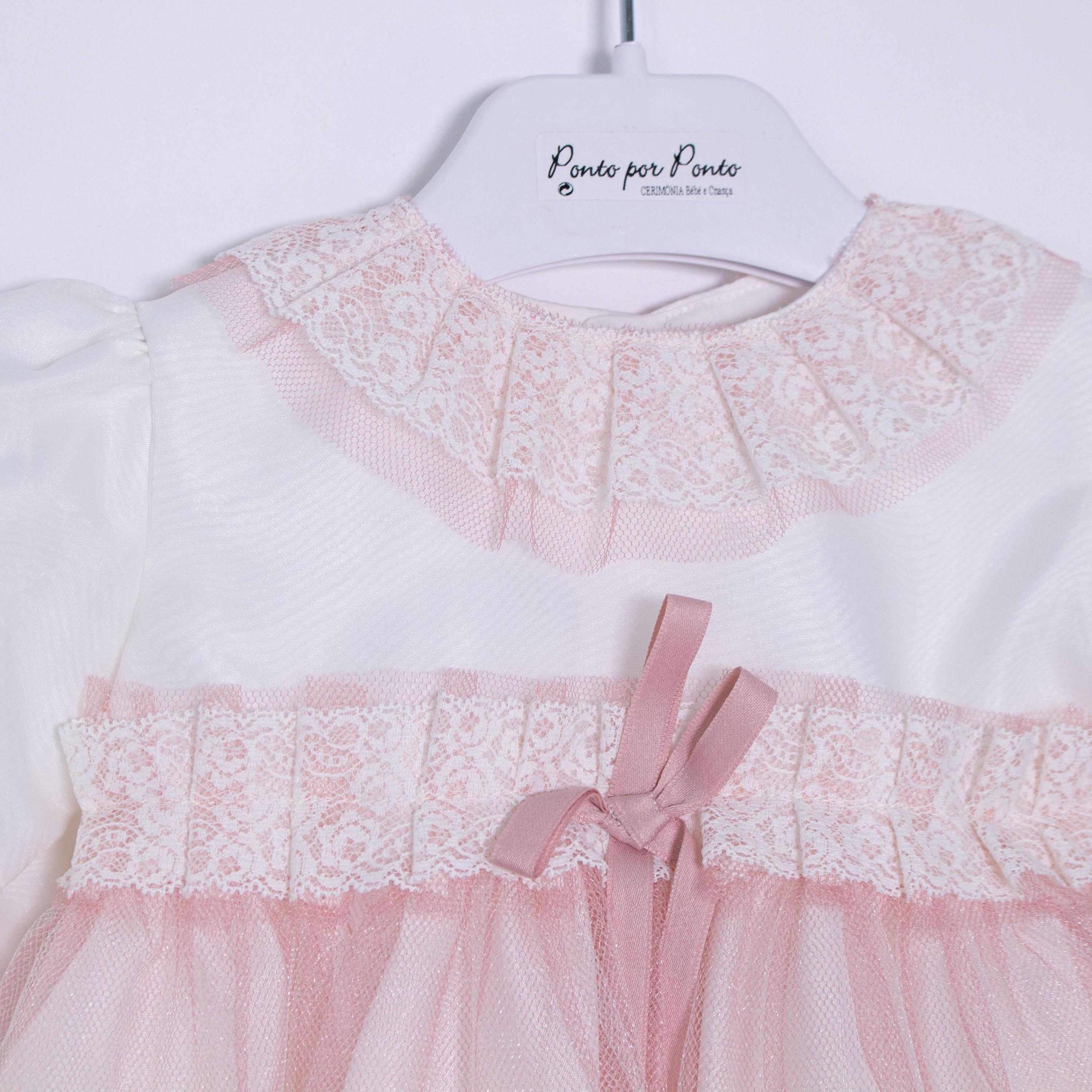 Abito Elegante Cerimonia Battesimo Panna-Rosa Neonata 5594 Ponto Per Ponto - PONTO POR PONTO - LuxuryKids