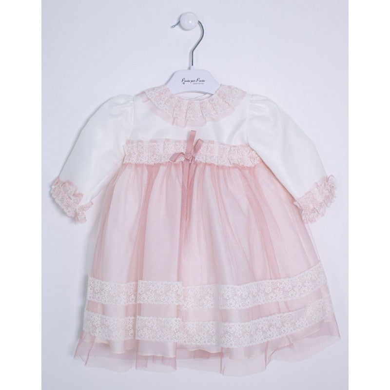 Abito Elegante Cerimonia Battesimo Panna-Rosa Neonata 5594 Ponto Per Ponto - PONTO POR PONTO - LuxuryKids