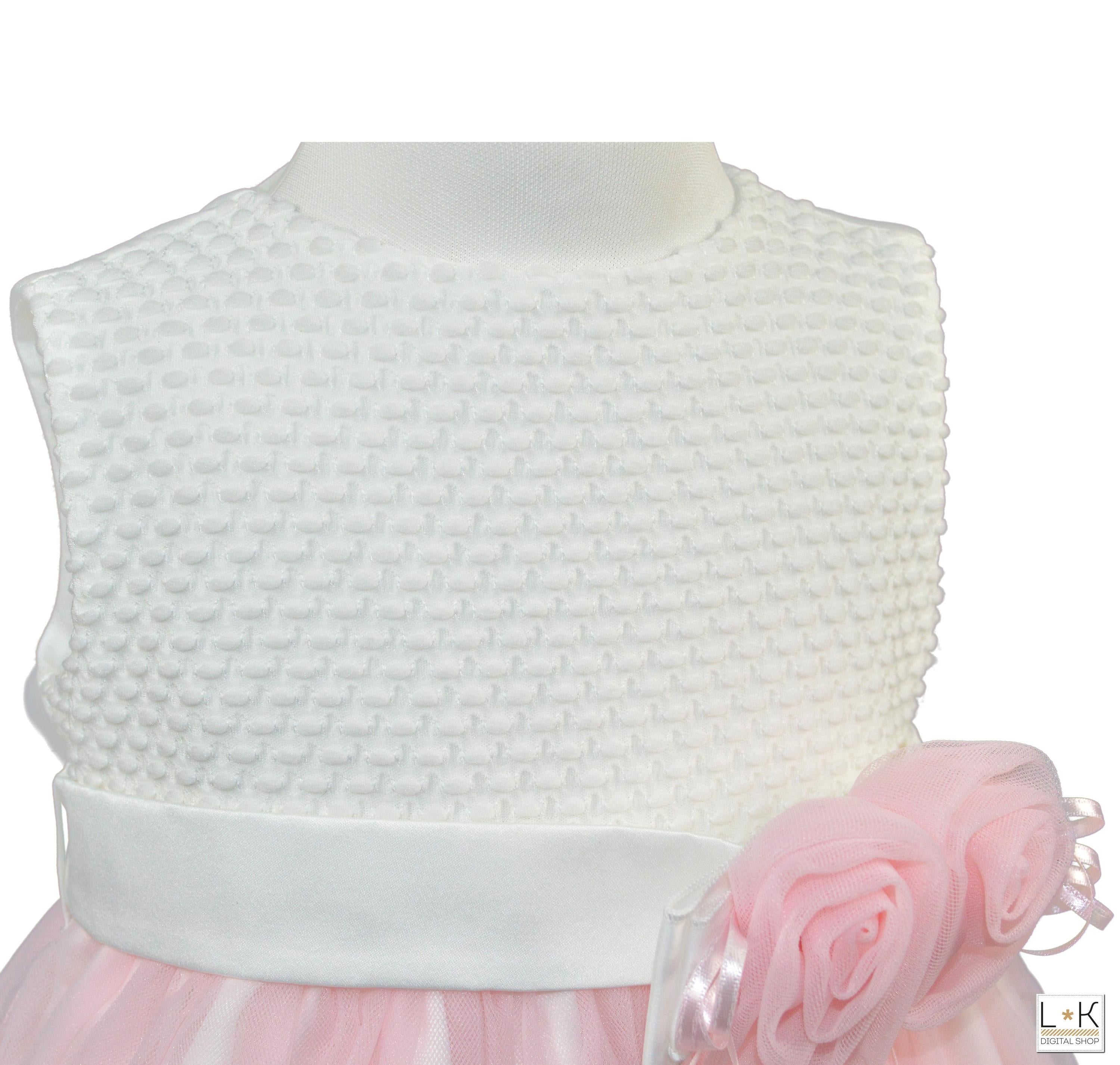 Abito Elegante Tulle Panna Rosa  Battesimo Neonata Bufi B10018A - BUFI - LuxuryKids