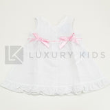 Abito In Plumetil Smanicato Bianco Con Fiocchi Rosa Neonata SARDON AP767 - SARDON - LuxuryKids
