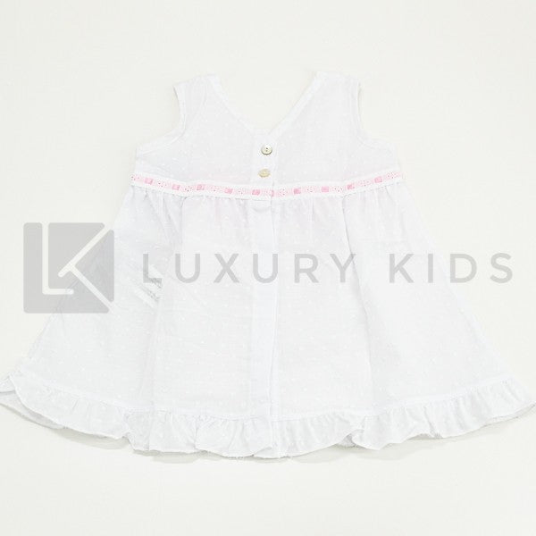 Abito In Plumetil Smanicato Bianco Con Fiocchi Rosa Neonata SARDON AP767 - SARDON - LuxuryKids
