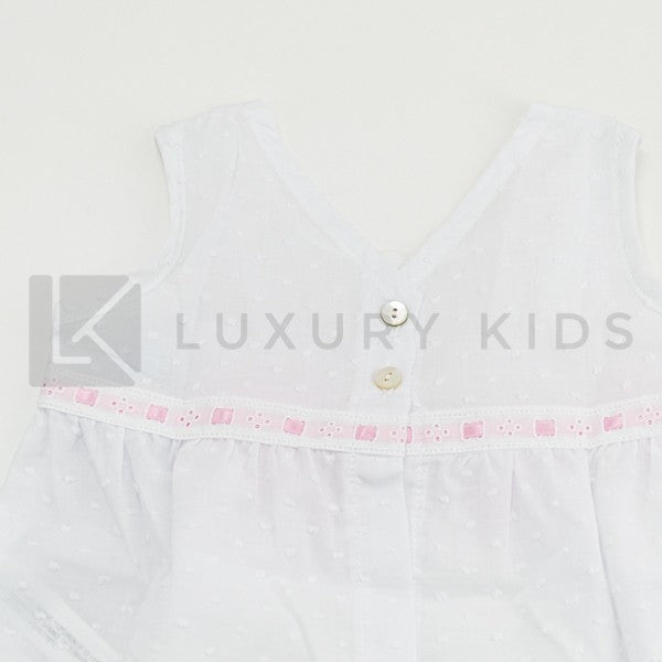 Abito In Plumetil Smanicato Bianco Con Fiocchi Rosa Neonata SARDON AP767 - SARDON - LuxuryKids