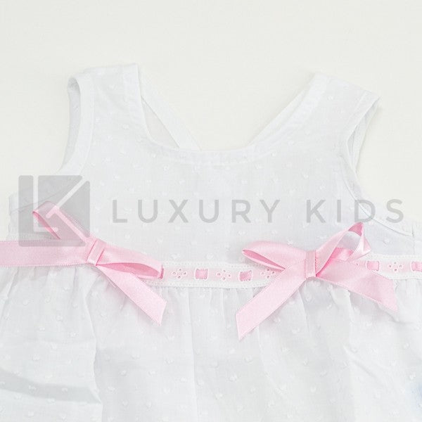 Abito In Plumetil Smanicato Bianco Con Fiocchi Rosa Neonata SARDON AP767 - SARDON - LuxuryKids