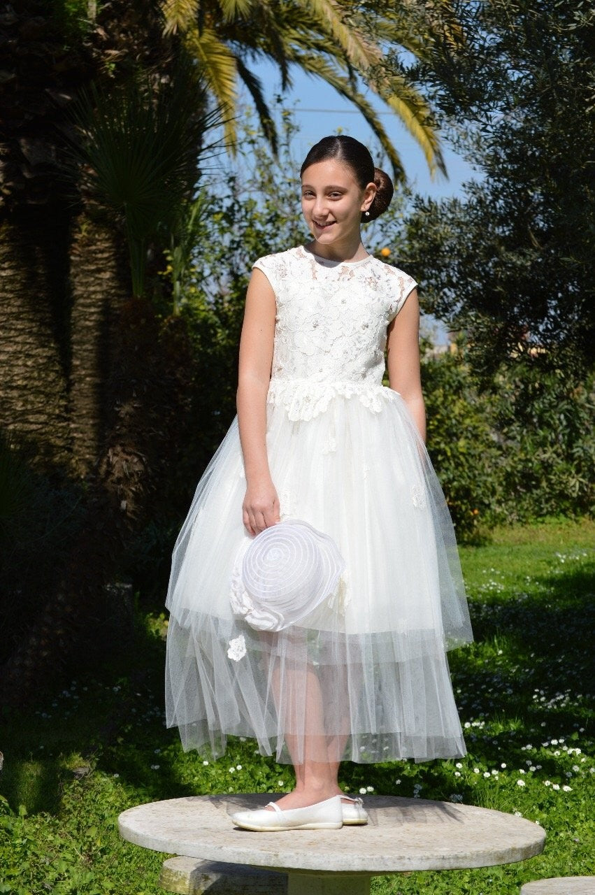 Abito Lungo Bambina Cerimonia Comunione Elegante Principesco Bianco Lesy 028316 - LESY - LuxuryKids