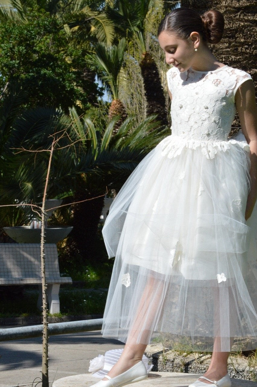 Abito Lungo Bambina Cerimonia Comunione Elegante Principesco Bianco Lesy 028316 - LESY - LuxuryKids