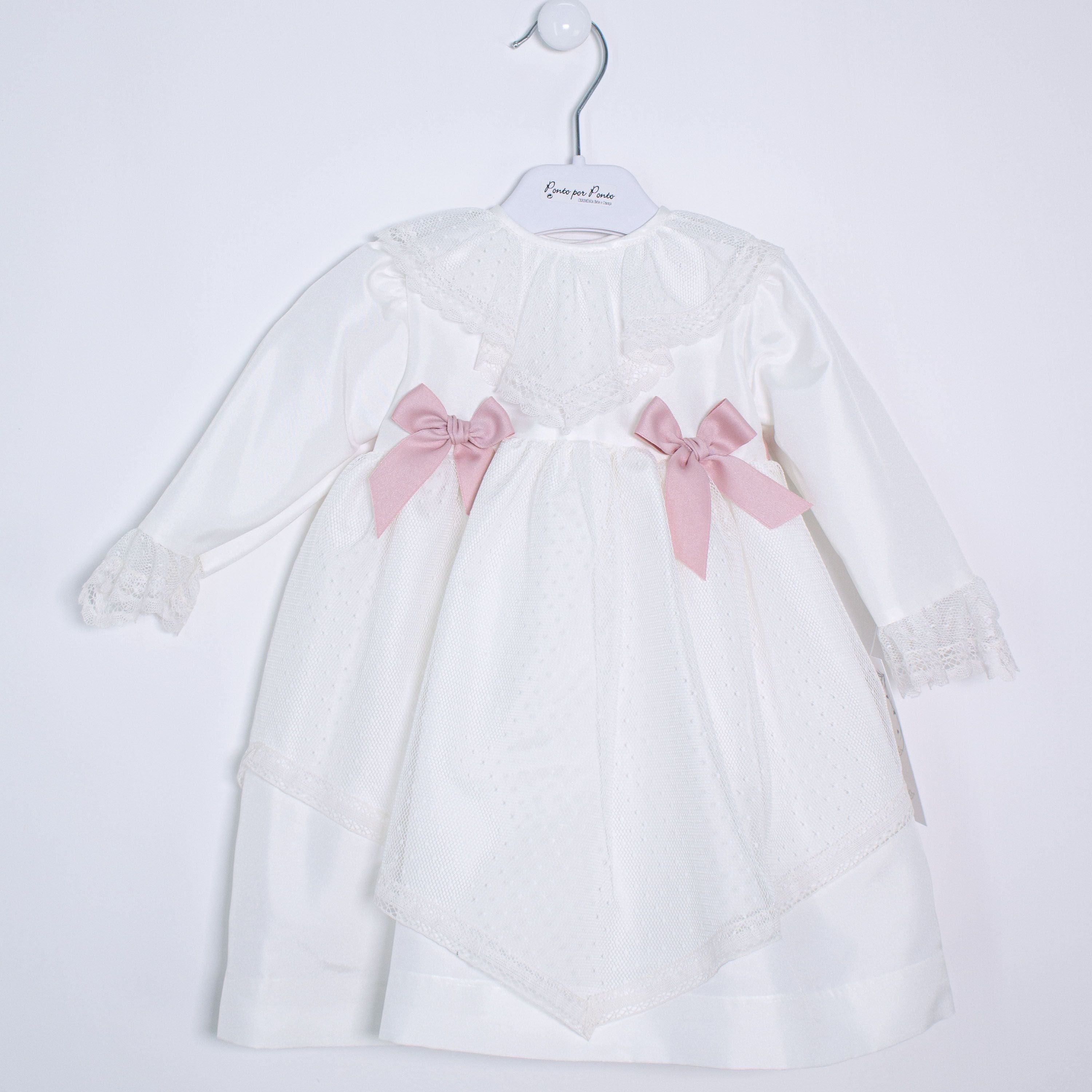 Abito Manica Lunga Elegante Raso Battesimo Panna 5642 Ponto Per Ponto - PONTO POR PONTO - LuxuryKids