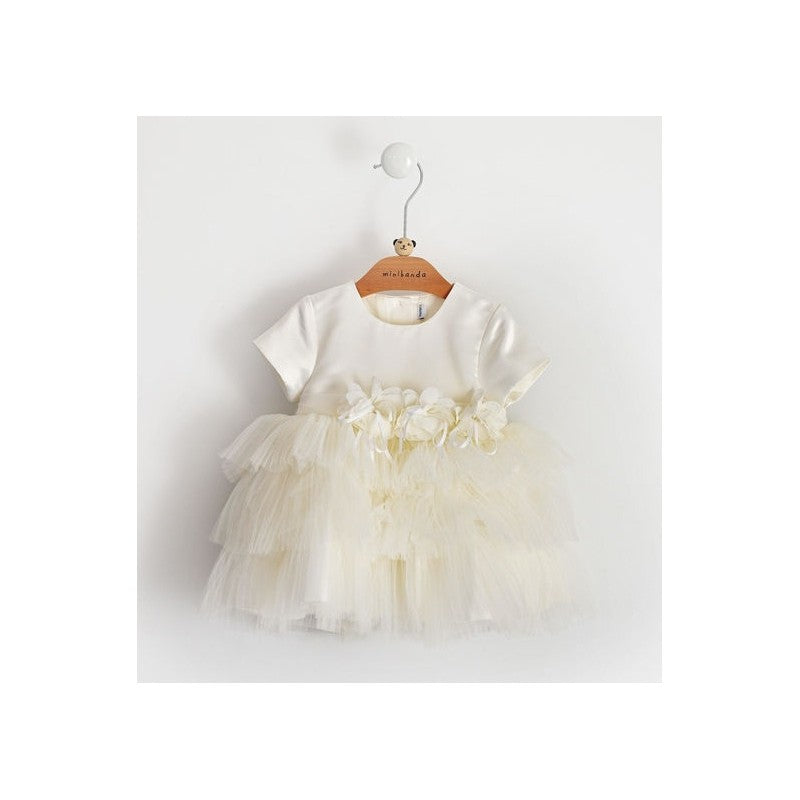 Abito Mezza Manica Panna Con Corpetto In Raso e Gonna In Tulle Neonata MINIBANDA 1728 - MINIBANDA - LuxuryKids