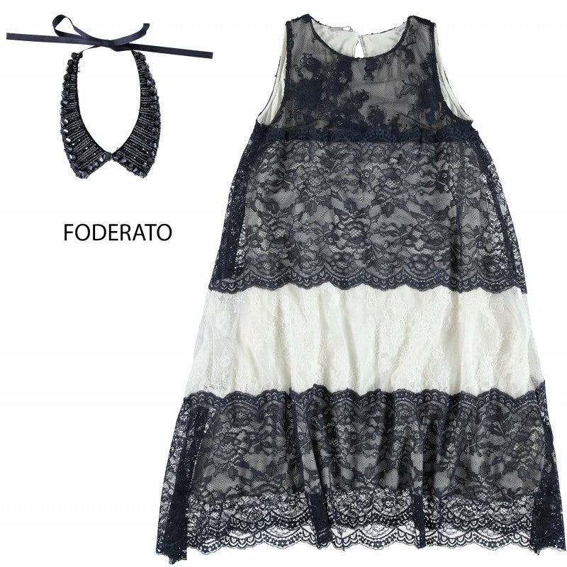 Abito Morbido In Pizzo Elegante Chic blu -bianco Bambina Sarabanda W469 - SARABANDA - LuxuryKids