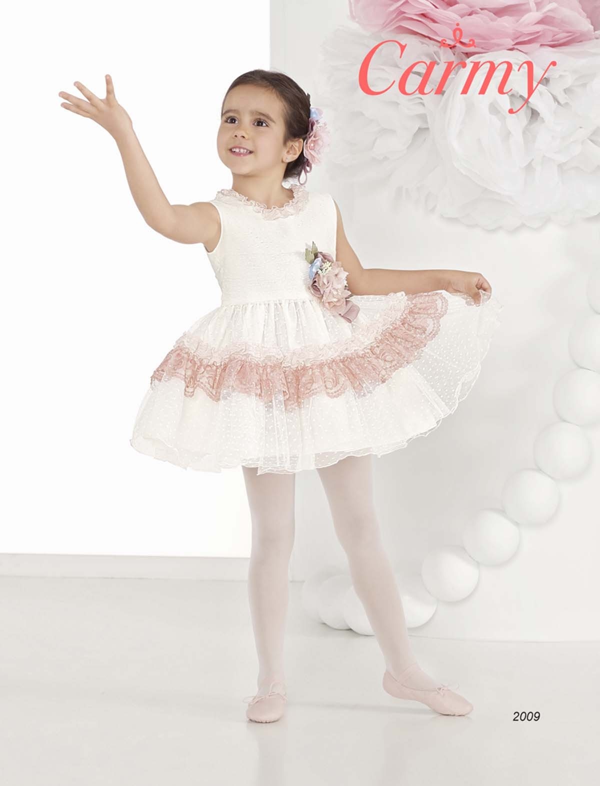 Abito Smanicato Elegante In Tulle Panna A Balze Rosa Bambina Carmy 2009 - CARMY - LuxuryKids