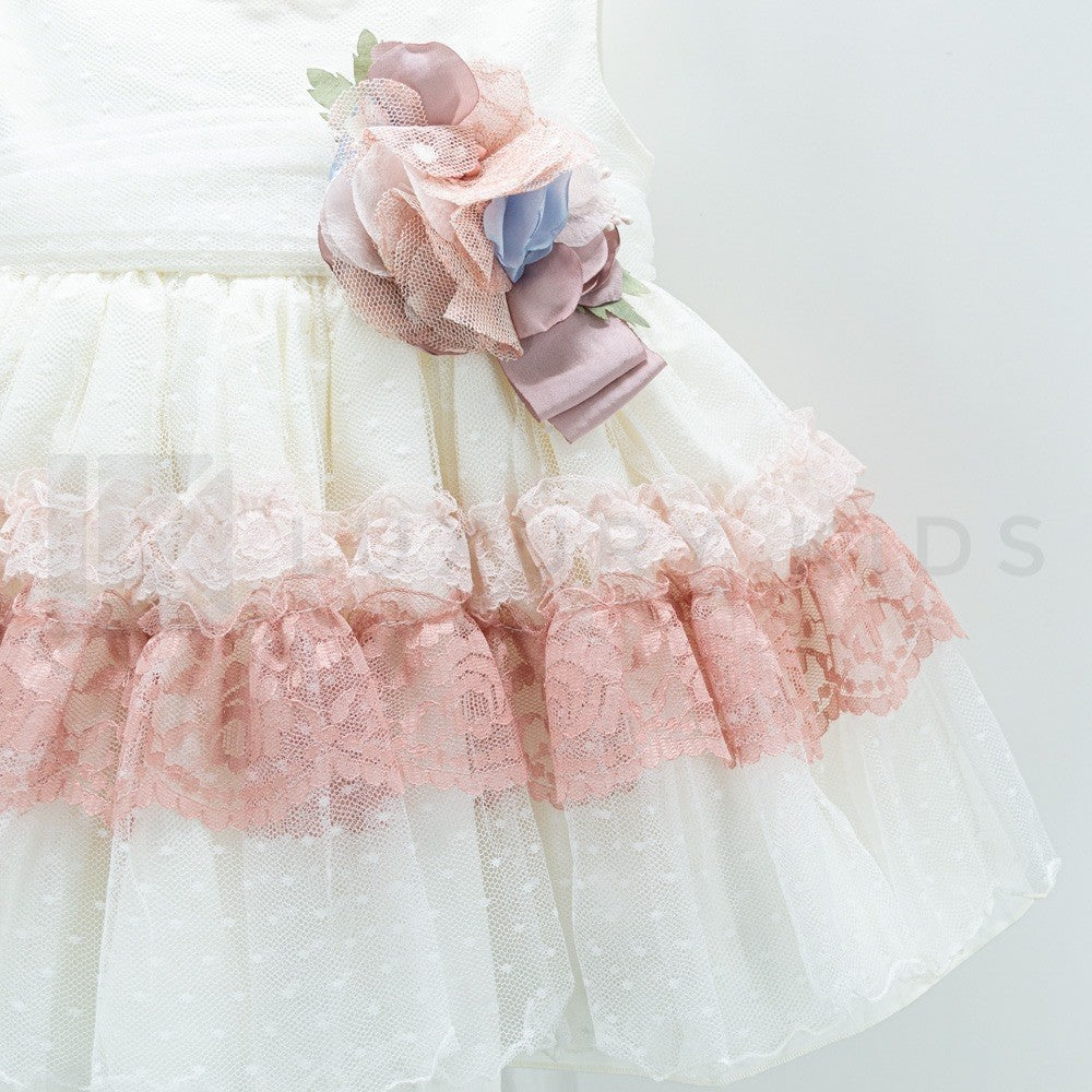 Abito Smanicato Elegante In Tulle Panna A Balze Rosa Bambina Carmy 2009 - CARMY - LuxuryKids