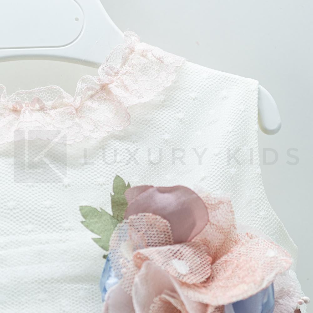 Abito Smanicato Elegante In Tulle Panna A Balze Rosa Neonata Carmy 2009 - CARMY - LuxuryKids