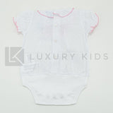Body In Cotone Plumetil Mezza Manica In Tinta Unita Bianco Con Punto Smoke Rosa E Collo Volant Neonata SARDON LA413 - SARDON - LuxuryKids